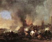 菲利普斯 沃夫曼 : Cavalry Battle in front of a Burning Mill